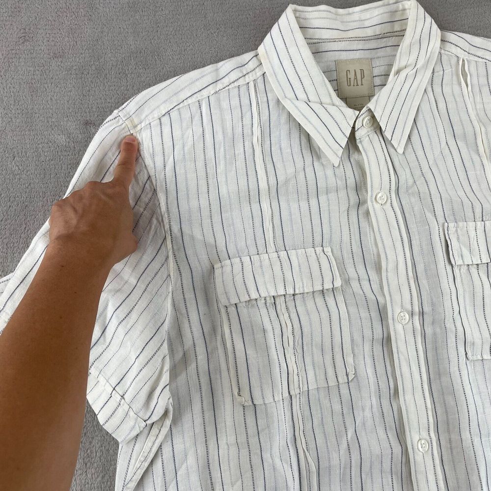GAP Shirt Men XL White Striped 99% Linen Dual Pockets Short Sleeve Camp Vacation - Picture 4 of 16